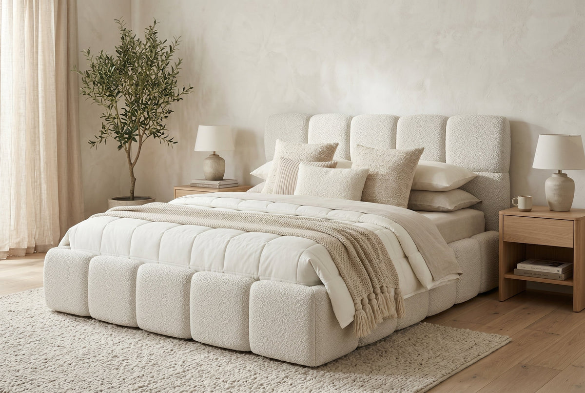 Queen Boucle Upholstered Bed Frame, Off-White