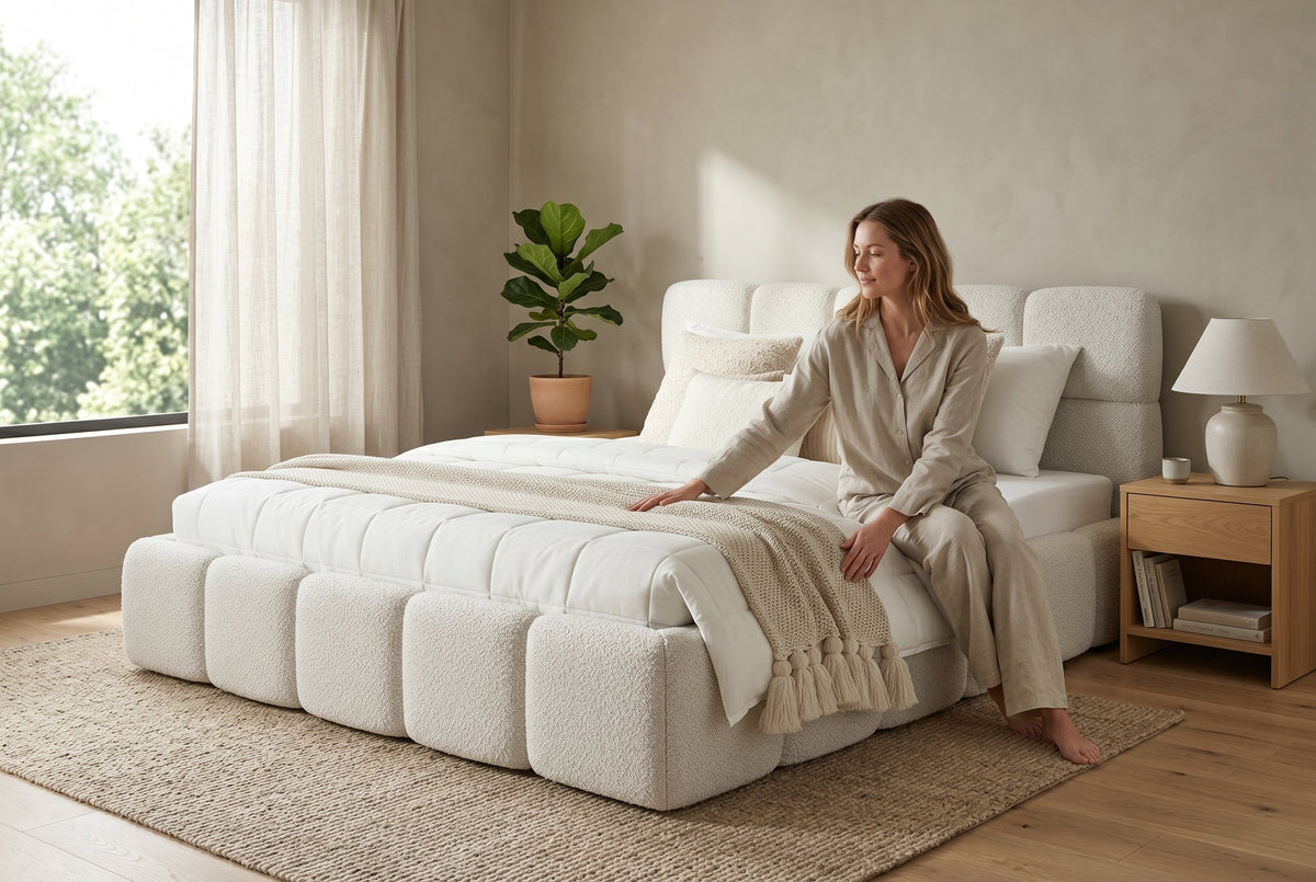 Queen Boucle Upholstered Bed Frame, Off-White