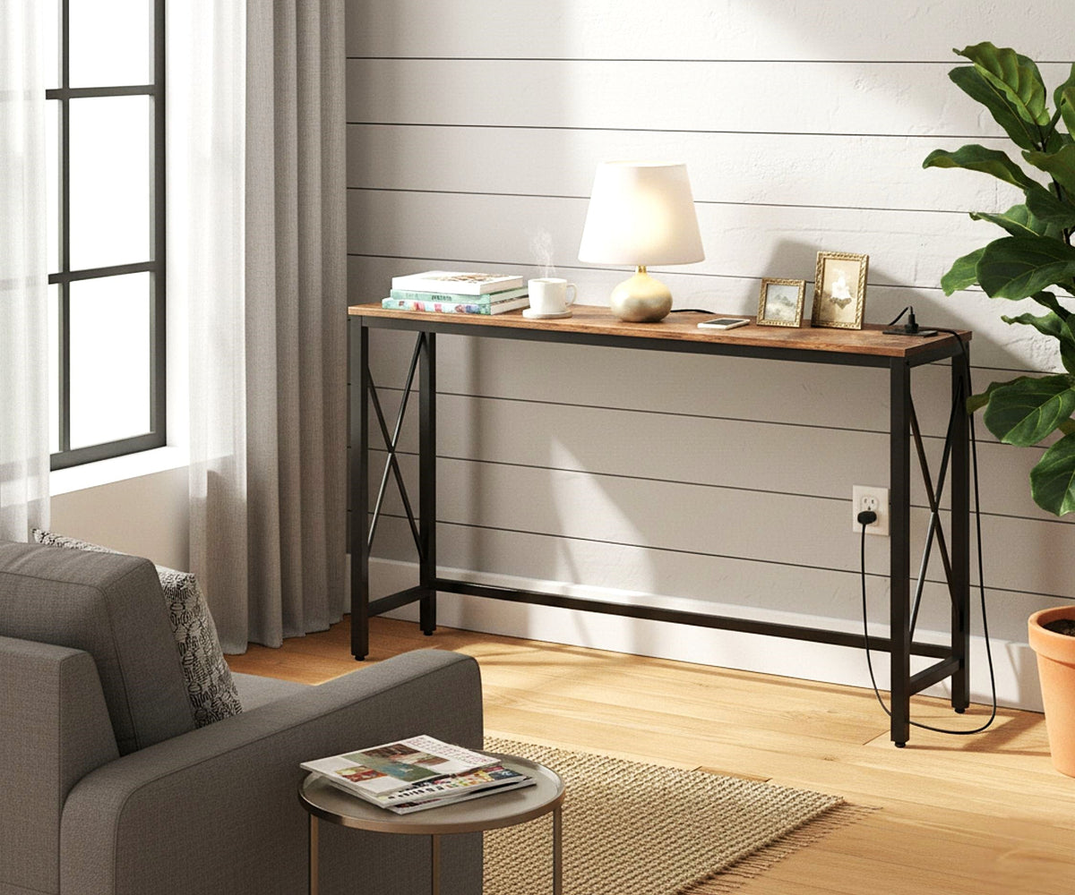Console Table with Outlets and USB Ports, 55 in, Reclaimed-Wood-Look Finish