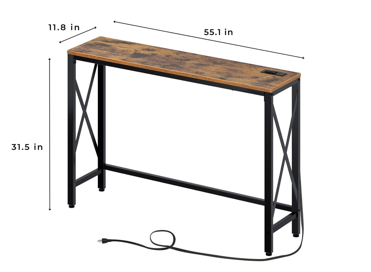 Console Table with Outlets and USB Ports, 55 in, Reclaimed-Wood-Look Finish