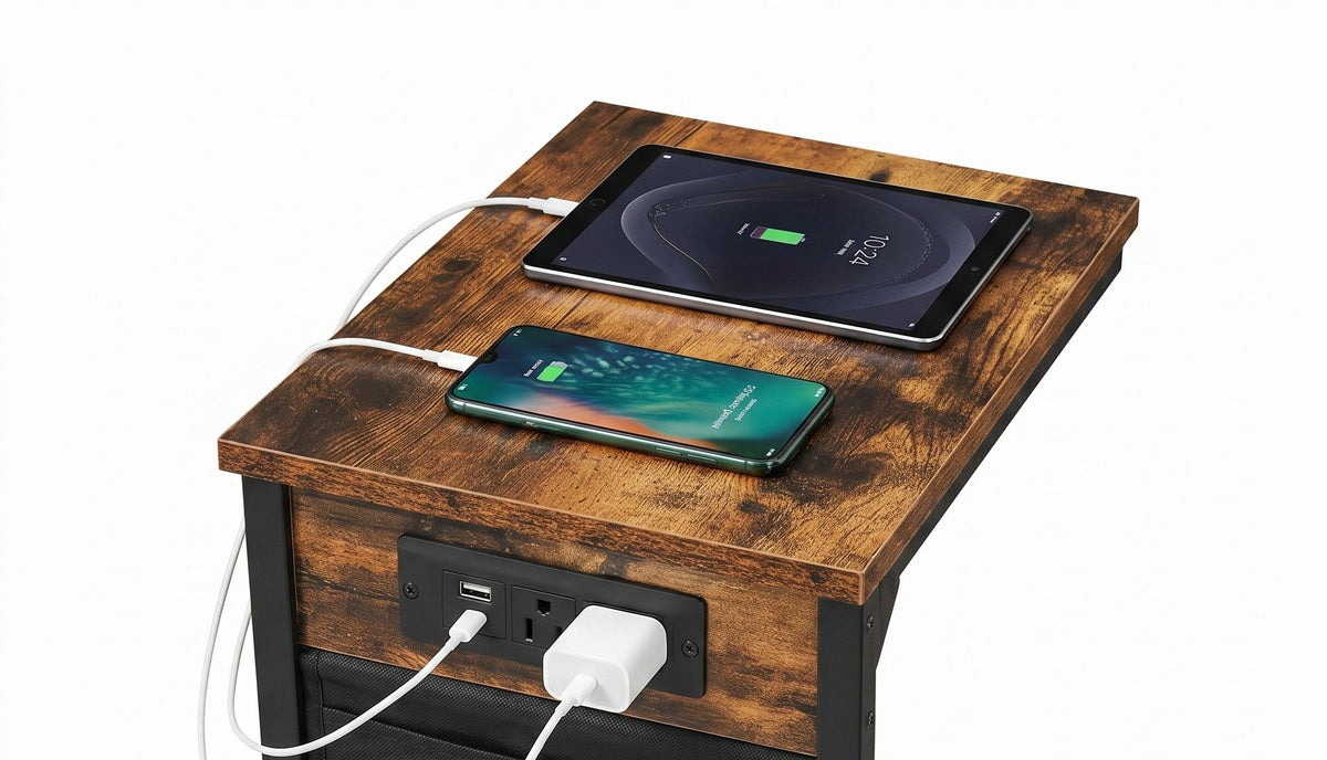 C-Shaped End Tables with Outlets and USB Ports, Set of 2, Reclaimed-Wood-Look Finish