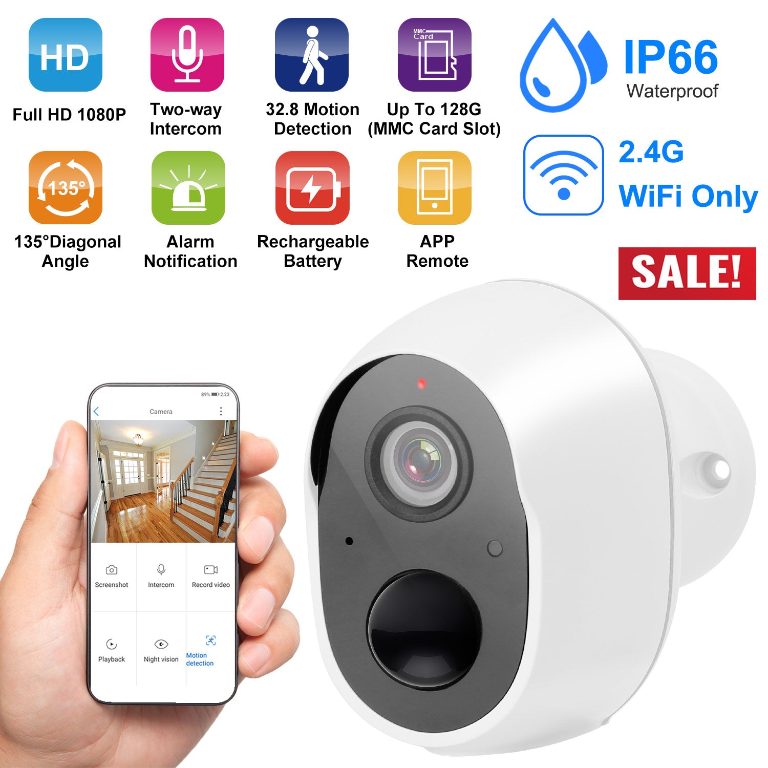 1080P WiFi IP Camera PIR Motion Detection IR Night Vision Camcorder IP66 Waterproof Security Surveillance Camera App Cloud Available for Indoor Outdoo 