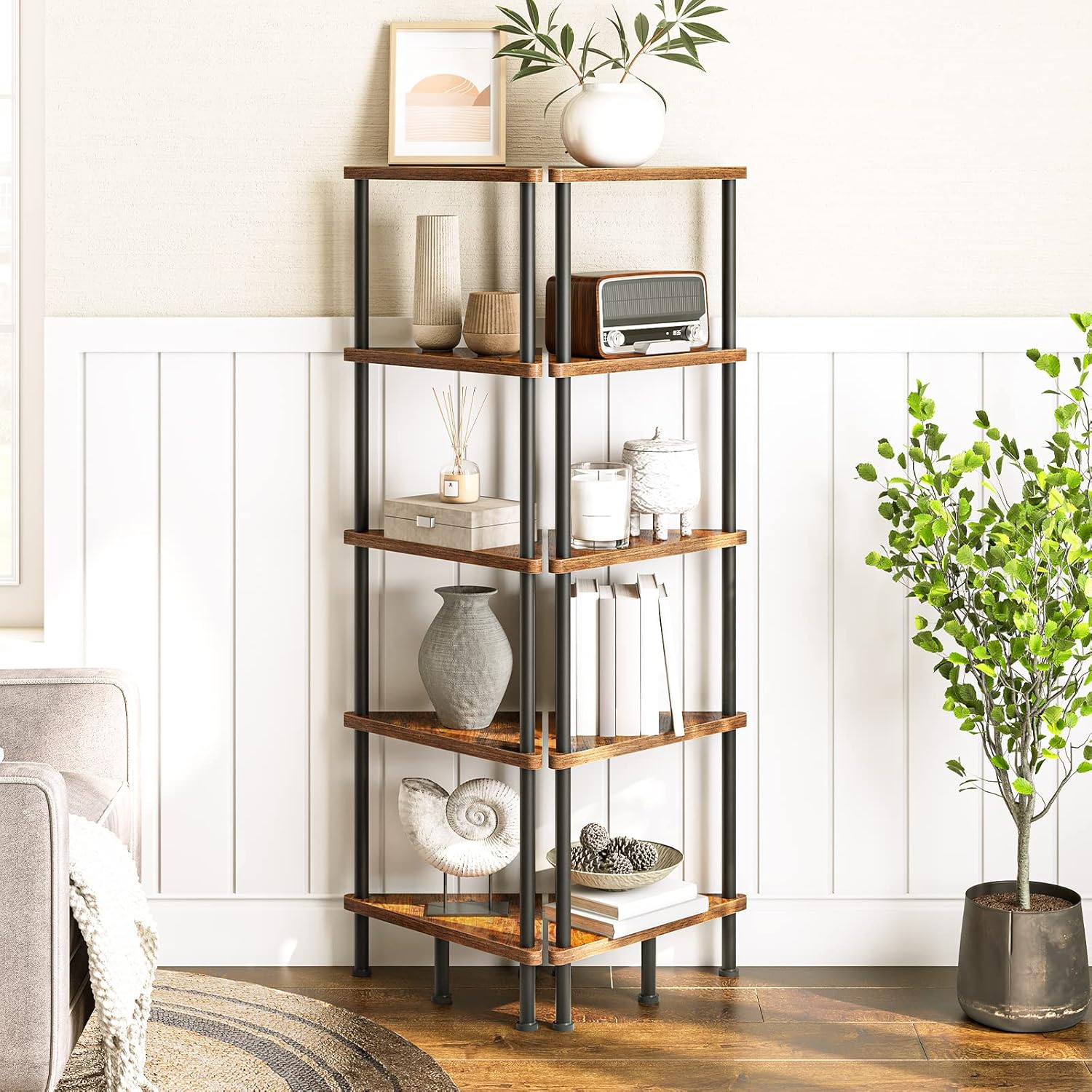 HOOBRO 5-Tier Corner Shelf, Industrial Corner Bookshelf & Plant Stand for Small Spaces, Rustic Brown & Black