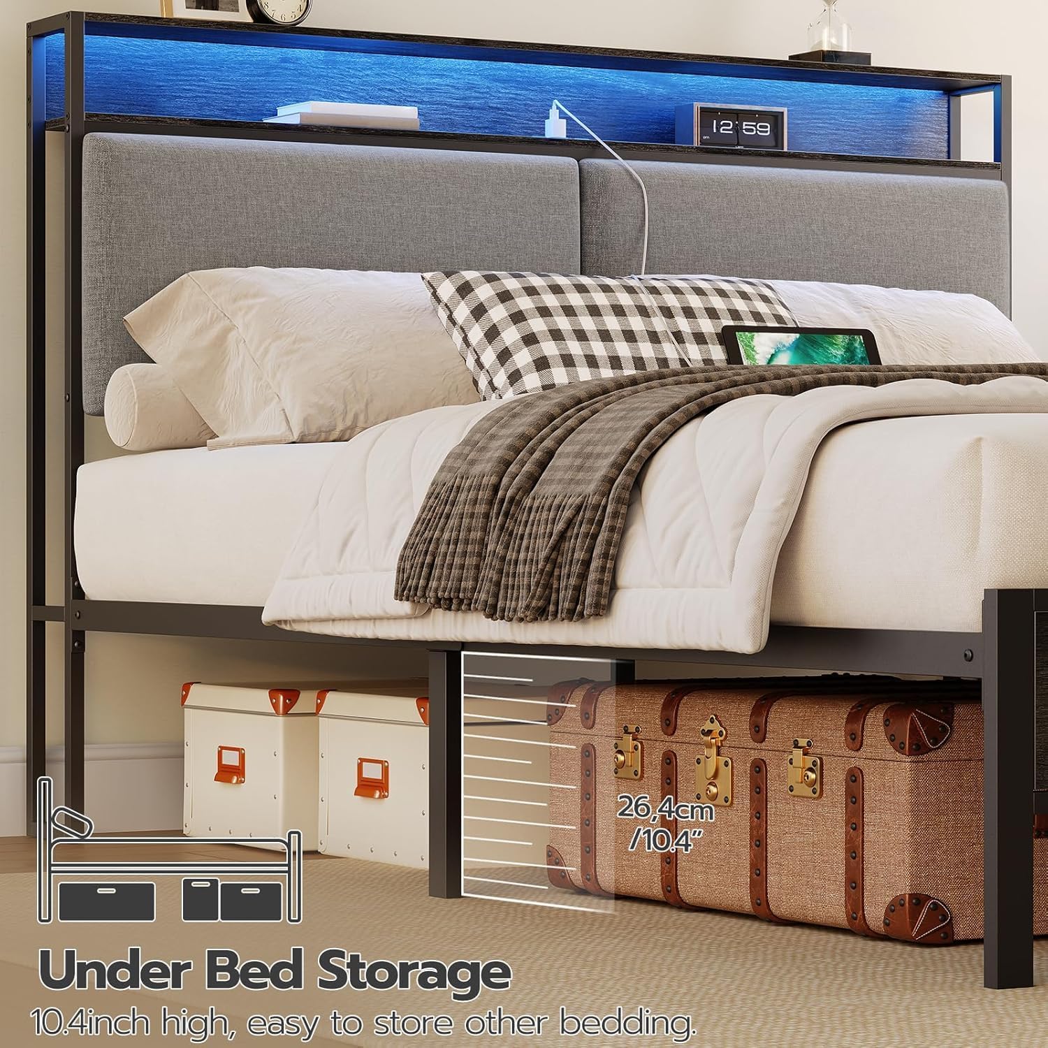 HOOBRO Full Size Bed Frame with Storage Headboard, Charging Station & 16-Color LED Lights, Charcoal Gray
