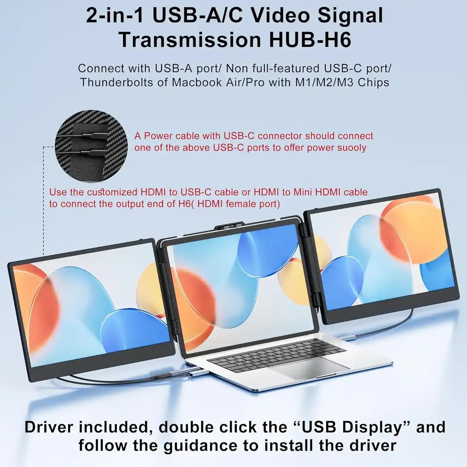 TUTT H6 USB-A and USB-C to HDMI High Definition Video Cable |  M1/M2/M3/M4 & Windows Signal Conversion Adapter Hub