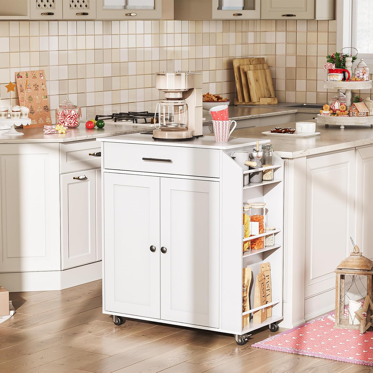 HOOBRO Kitchen Island Cart with Power Outlet, Storage Cabinet, Drawer & Spice Rack, Rolling Kitchen Cart on Wheels, White