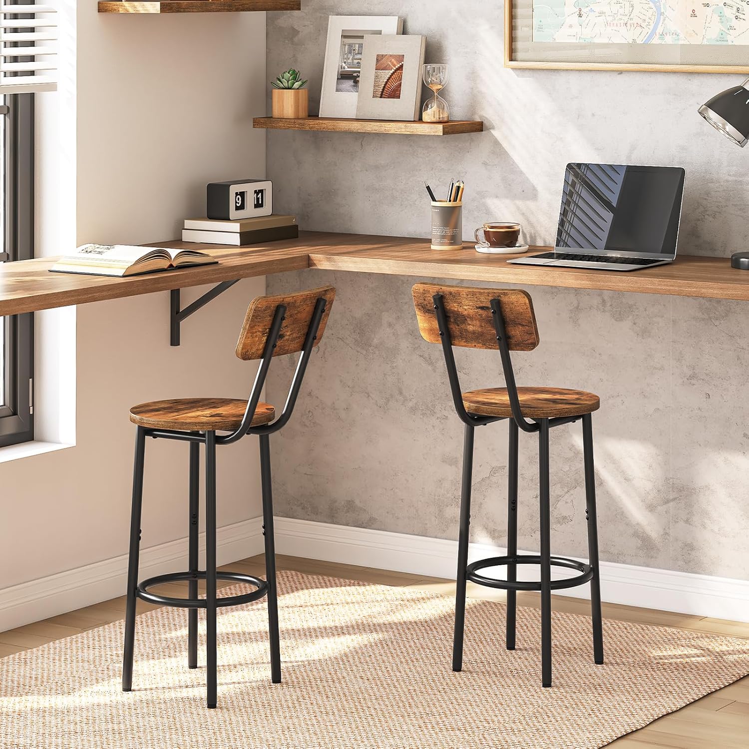 HOOBRO Bar Stools Set of 2 with Backrest & Footrest, Industrial Counter Height Bar Chairs, Rustic Brown & Black BF32BY01G2