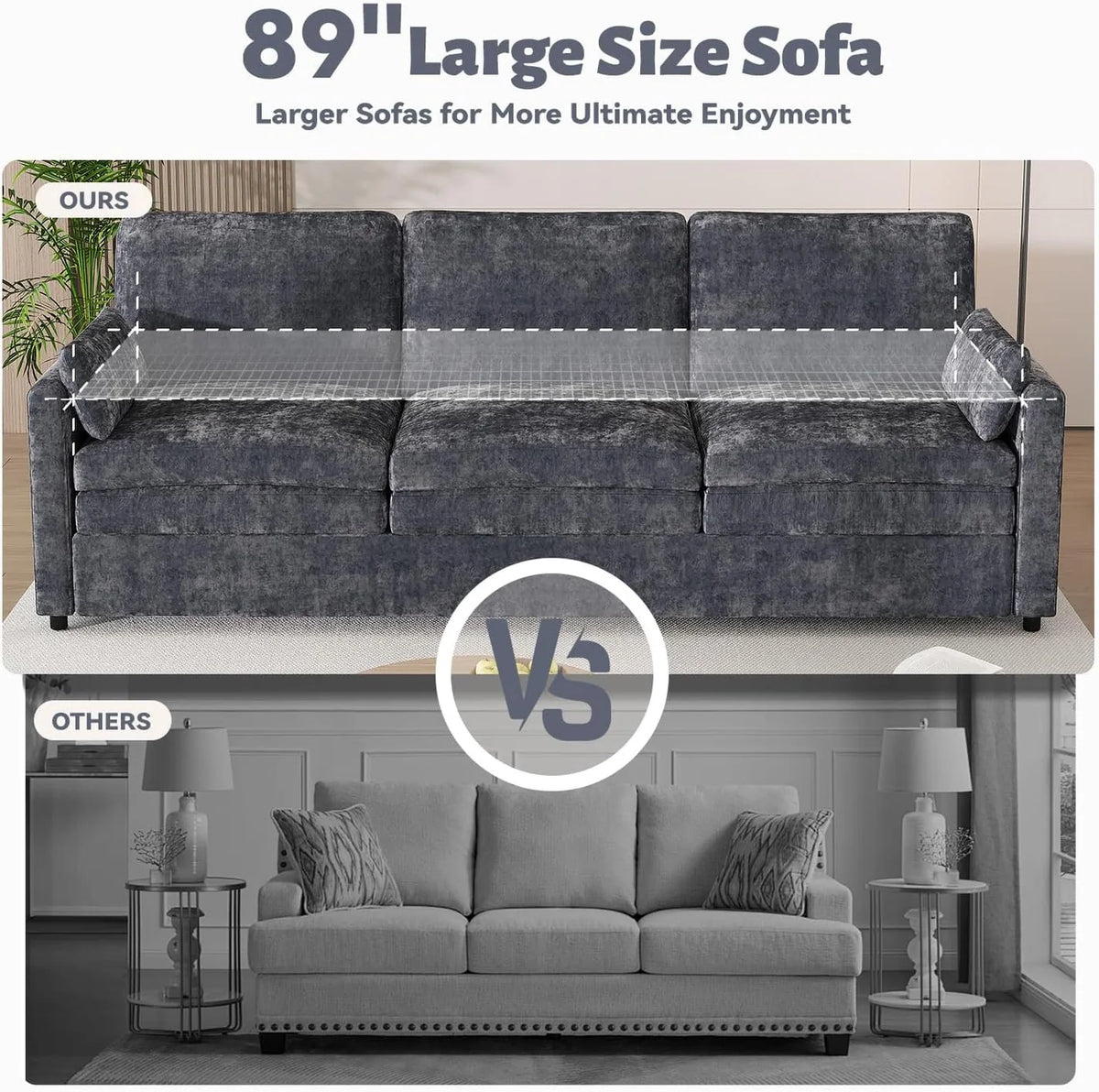 89-Inch Modern Chenille Sofa with 2 Removable Pillows, Deep Seat Cushions, Black