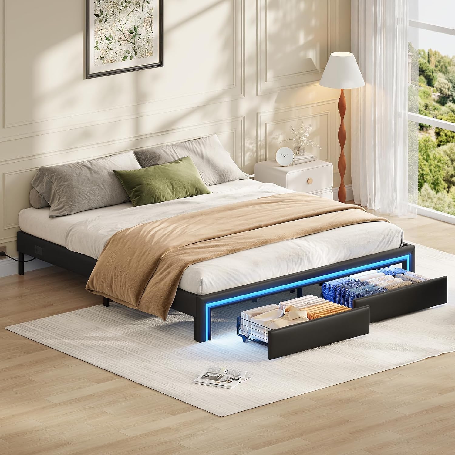 HOOBRO Queen Size Upholstered Metal Bed Frame with RGB LED Lights, Charging Station & 2 Storage Drawers, Black