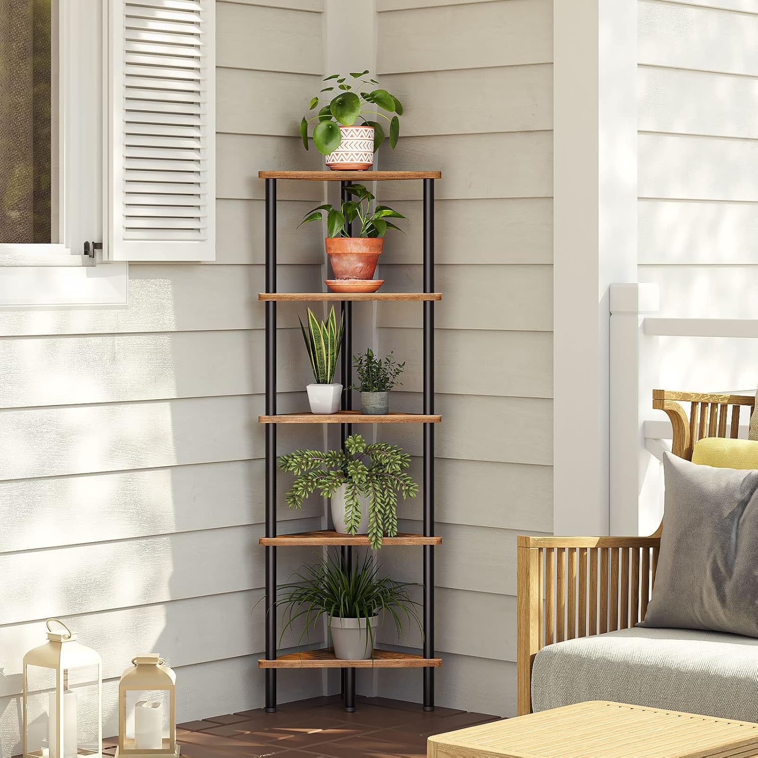 HOOBRO 5-Tier Corner Shelf, Industrial Corner Bookshelf & Plant Stand for Small Spaces, Rustic Brown & Black