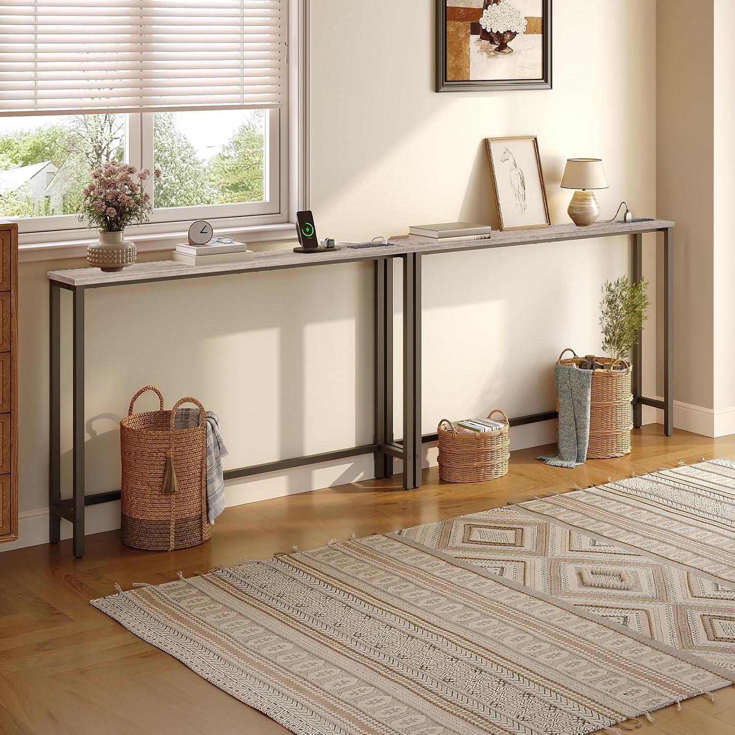 HOOBRO 120 cm Narrow Console Table with Power Outlets, Skinny Behind Couch Table with USB & Type-C Charging Station, Greige BG15XG01G1
