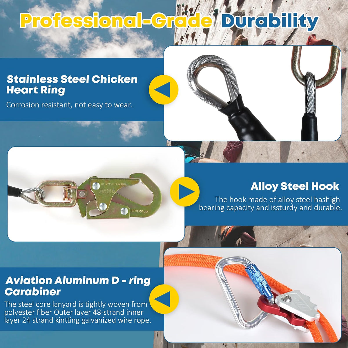 Steel Core Flip Line 1/2" x 16ft – Tree Climbing Lanyard with Triple-Lock Carabiner & Swivel Snap