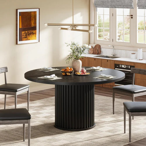 47" Round Dining Table, Wood Kitchen Table with Sturdy Fluted Metal Base, Modern Black Dining Table for 6 People