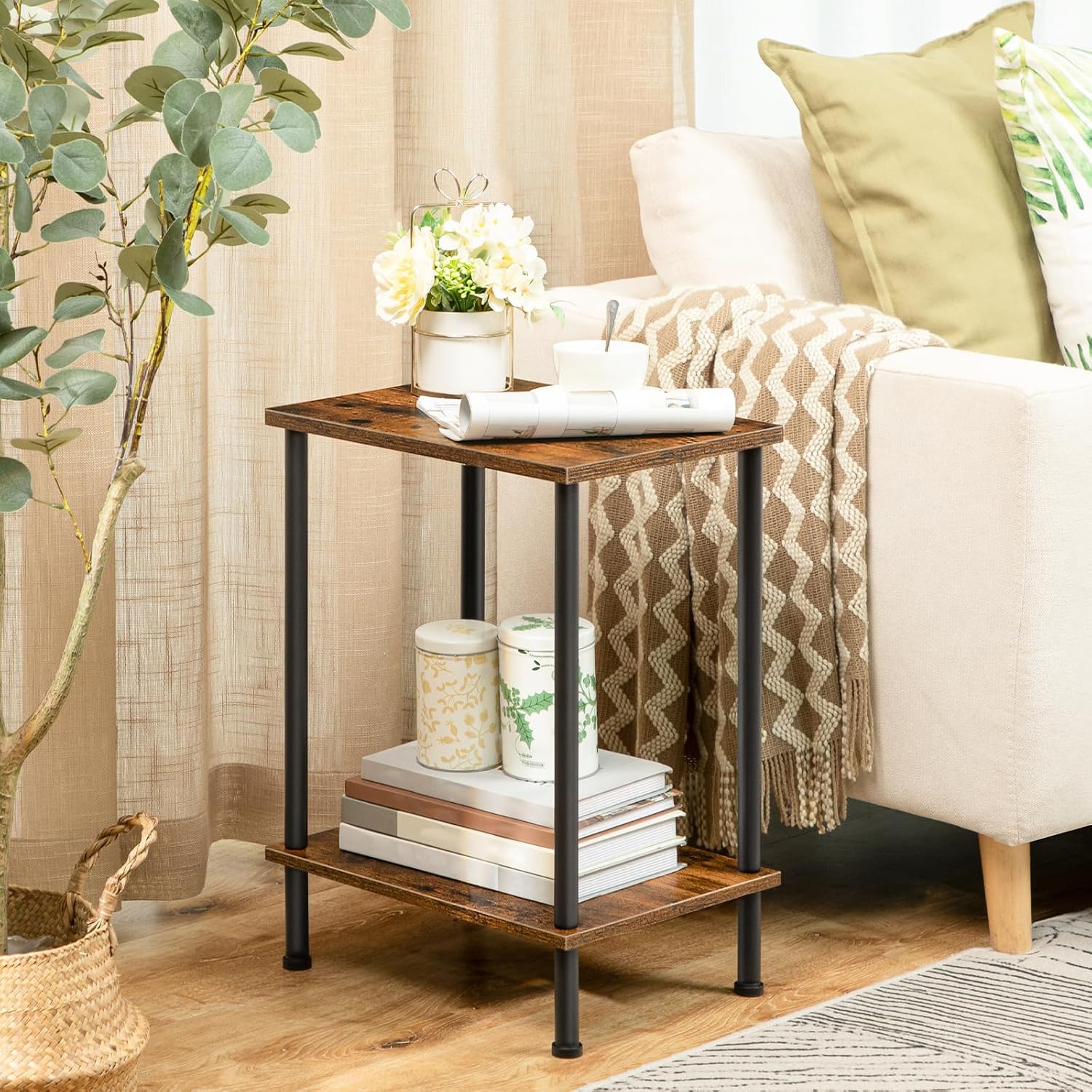 HOOBRO Industrial End Table with 2-Tier Storage Shelves, Rustic Brown Nightstand for Small Spaces, BF09BZ01
