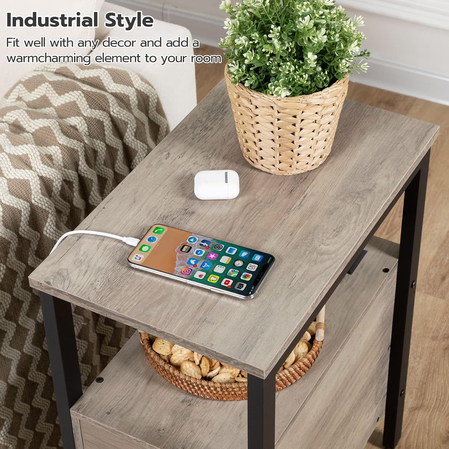 HOOBRO End Table with Charging Station, Narrow Side Table with 2 Drawers, USB & Type-C Ports, Greige & Black BG541BZ01