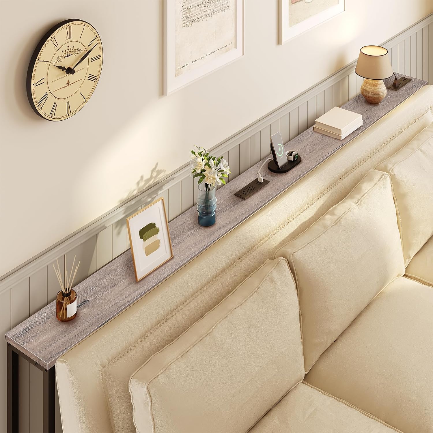 HOOBRO 120 cm Narrow Console Table with Power Outlets, Skinny Behind Couch Table with USB & Type-C Charging Station, Greige BG15XG01G1