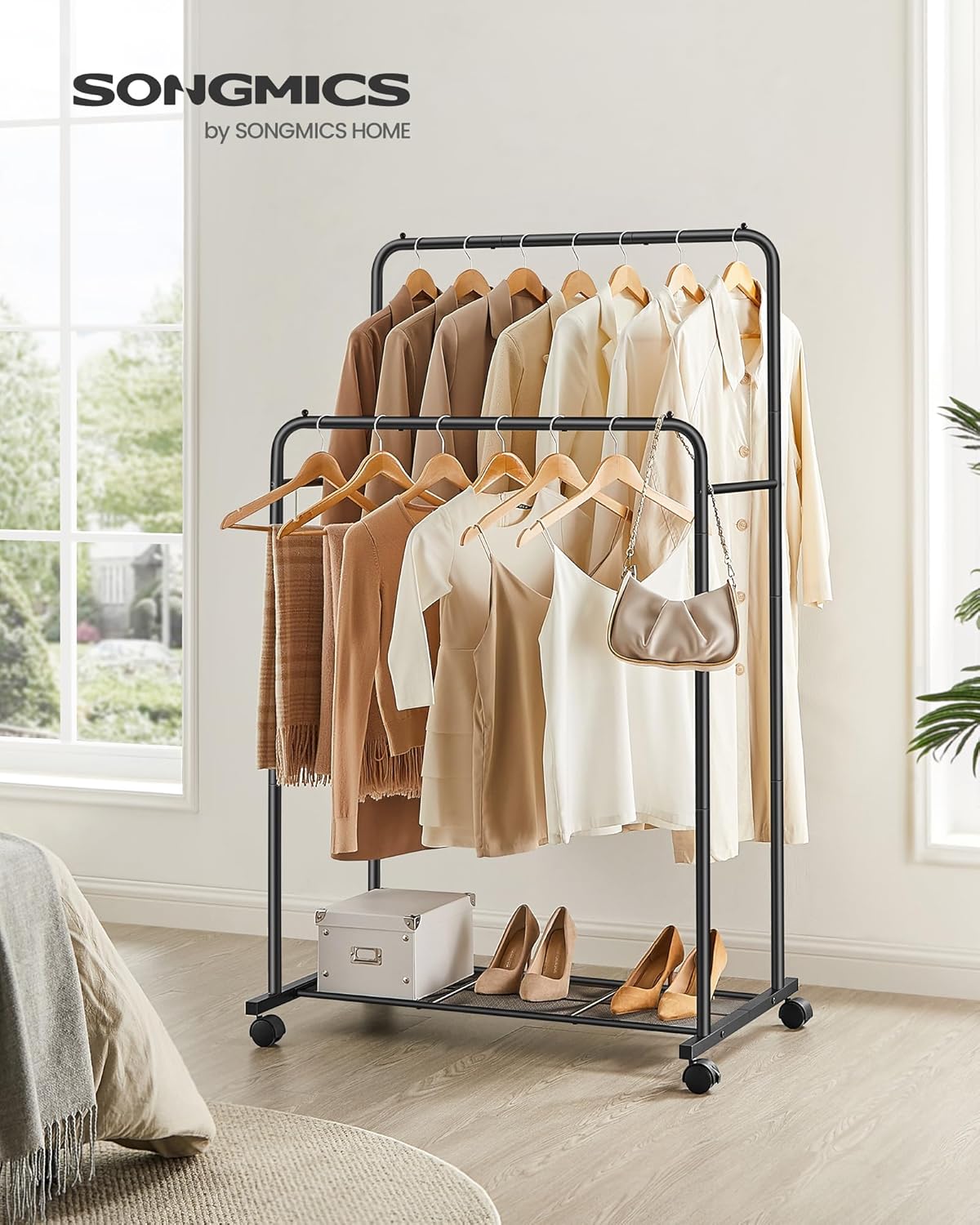 SONGMICS Clothes Rack with Wheels and Dense Mesh Storage Shelf