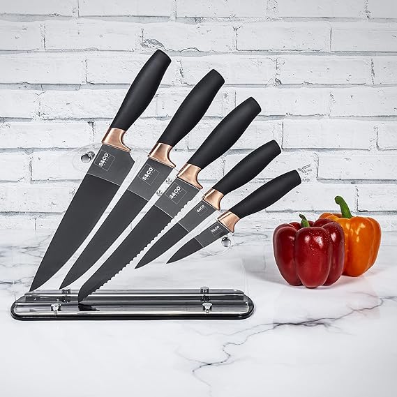 6 Pcs Kitchen Knife Set with Acrylic Block - Super-Sharp Steel Knives with Non-Stick Coating - Chef, Bread, Carving, Utility, Paring Knives - Stylish Cooking Tools with Black, Rose Gold Handle 