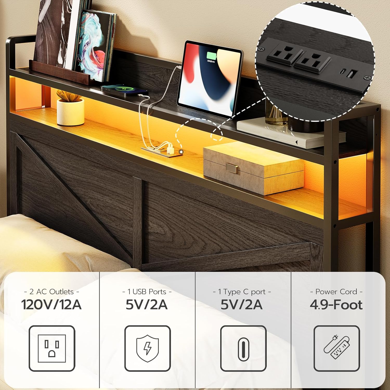 HOOBRO Full Size LED Bed Frame with Charging Station, Storage Headboard & 2 Drawers, Black