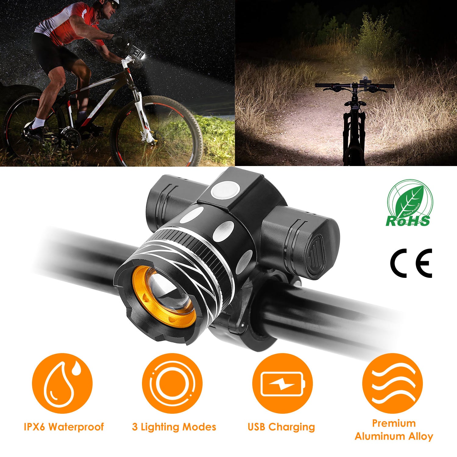 Bike Headlight USB Rechargeable LED Bicycle Front Light IPX6 Waterproof Bicycle Headlight Aluminum Alloy Shell Bike Headlight w/ Bracket