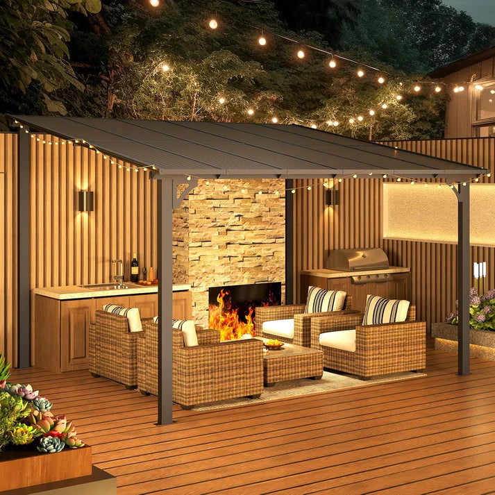 Yodolla 12' x 10' Wall Mounted Hardtop Pergola Gazebo with Weather Resistant Roof – Dark Grey