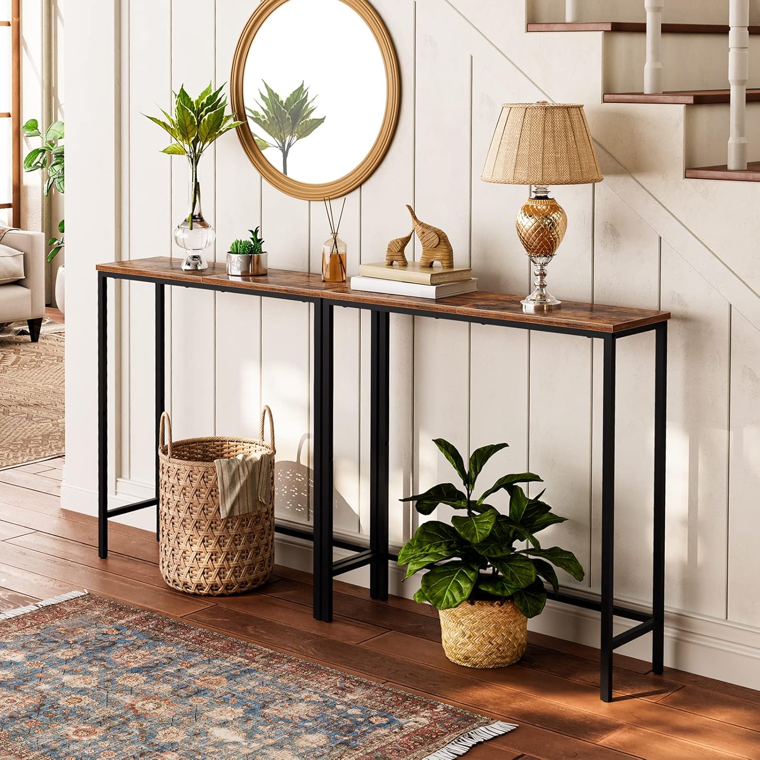 HOOBRO Narrow Console Table 75 cm Entryway Table, Small Sofa Side Table, Rustic Brown & Black BF75XG01
