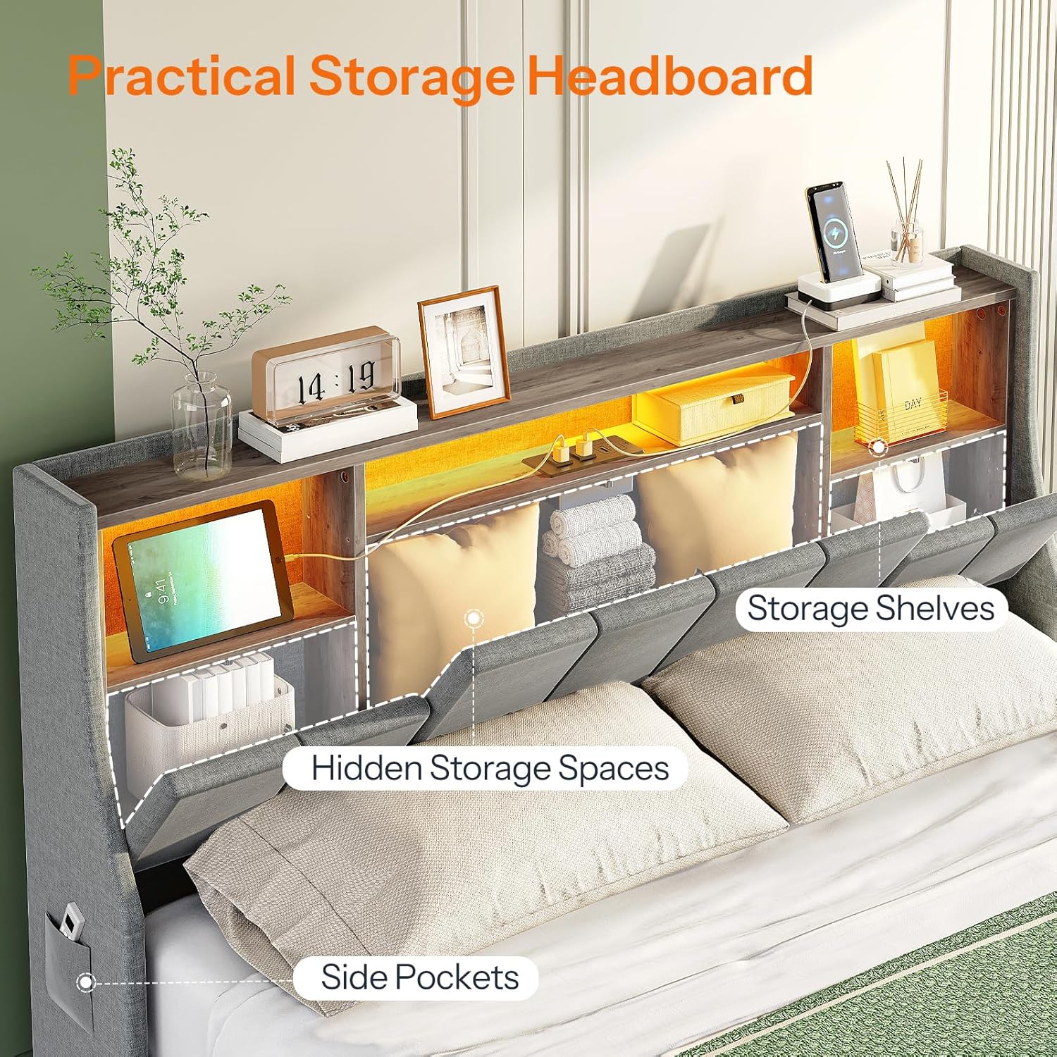 HOOBRO Full Size Upholstered Bed Frame with Storage Headboard, LED Lights & Charging Station, Gray