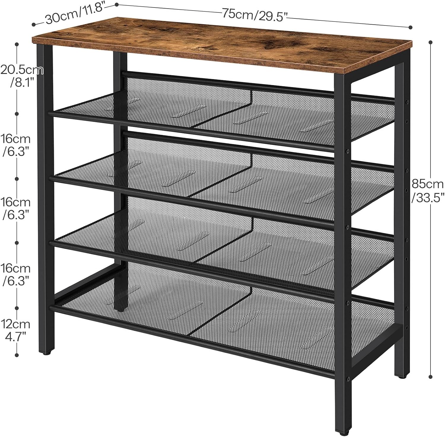 HOOBRO 5-Tier Shoe Rack, Adjustable Flat & Slanted Shoe Storage Organizer for 16 Pairs, Rustic Brown & Black
