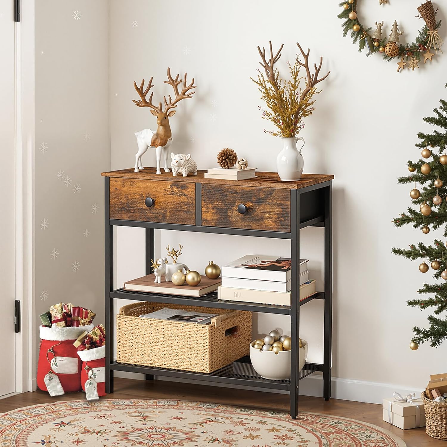 HOOBRO 75 cm Narrow Console Table with 2 Fabric Drawers, 3-Tier Entryway Storage Table, Rustic Brown & Black