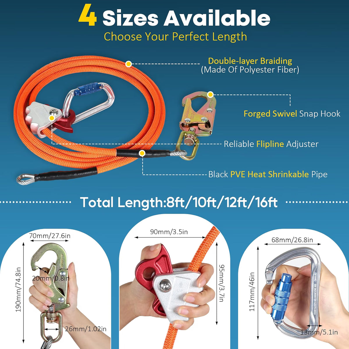 Steel Core Flip Line 1/2" x 16ft – Tree Climbing Lanyard with Triple-Lock Carabiner & Swivel Snap