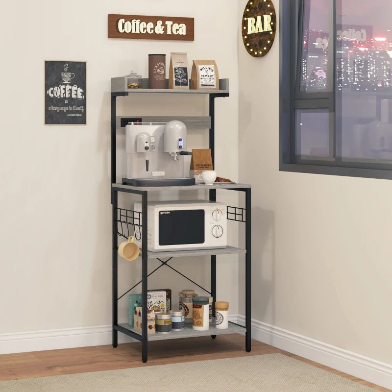 Kitchen Baker's Rack with Power Outlet, Coffee Bar Station with Adjustable Shelves and Hooks, Distressed Grey
