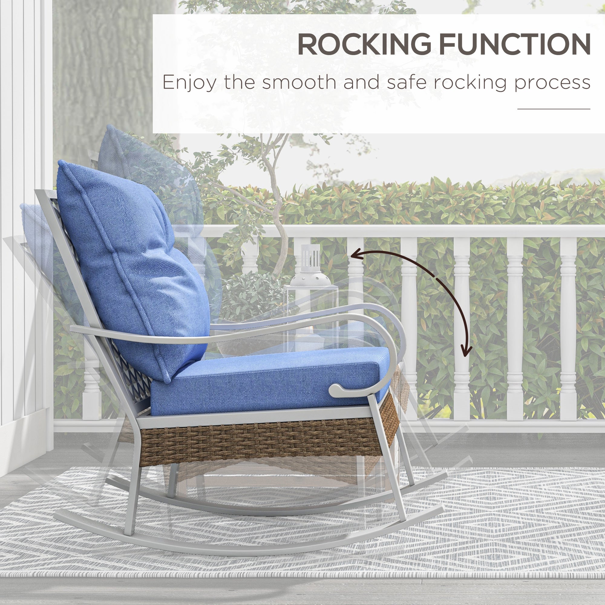 Outsunny Rattan Relaxation: Outdoor Rocking Chair with Plush Cushion, Wide Seat, Inclined Back for Garden, Balcony, Light Blue Finish 