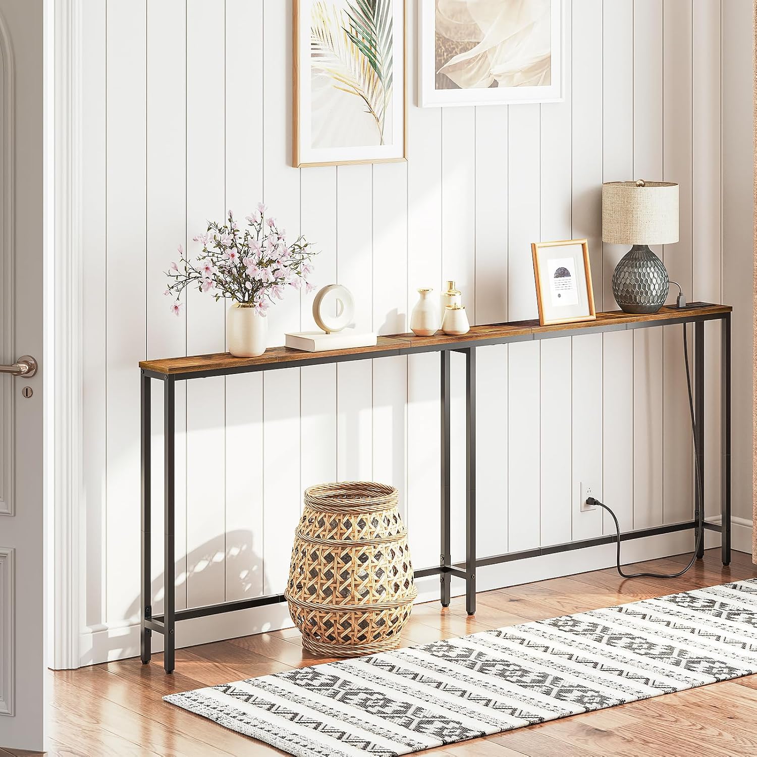 HOOBRO 5.9" Skinny Console Table with Charging Station, 78.7" Narrow Sofa Table with USB & Type-C Ports, Rustic Brown