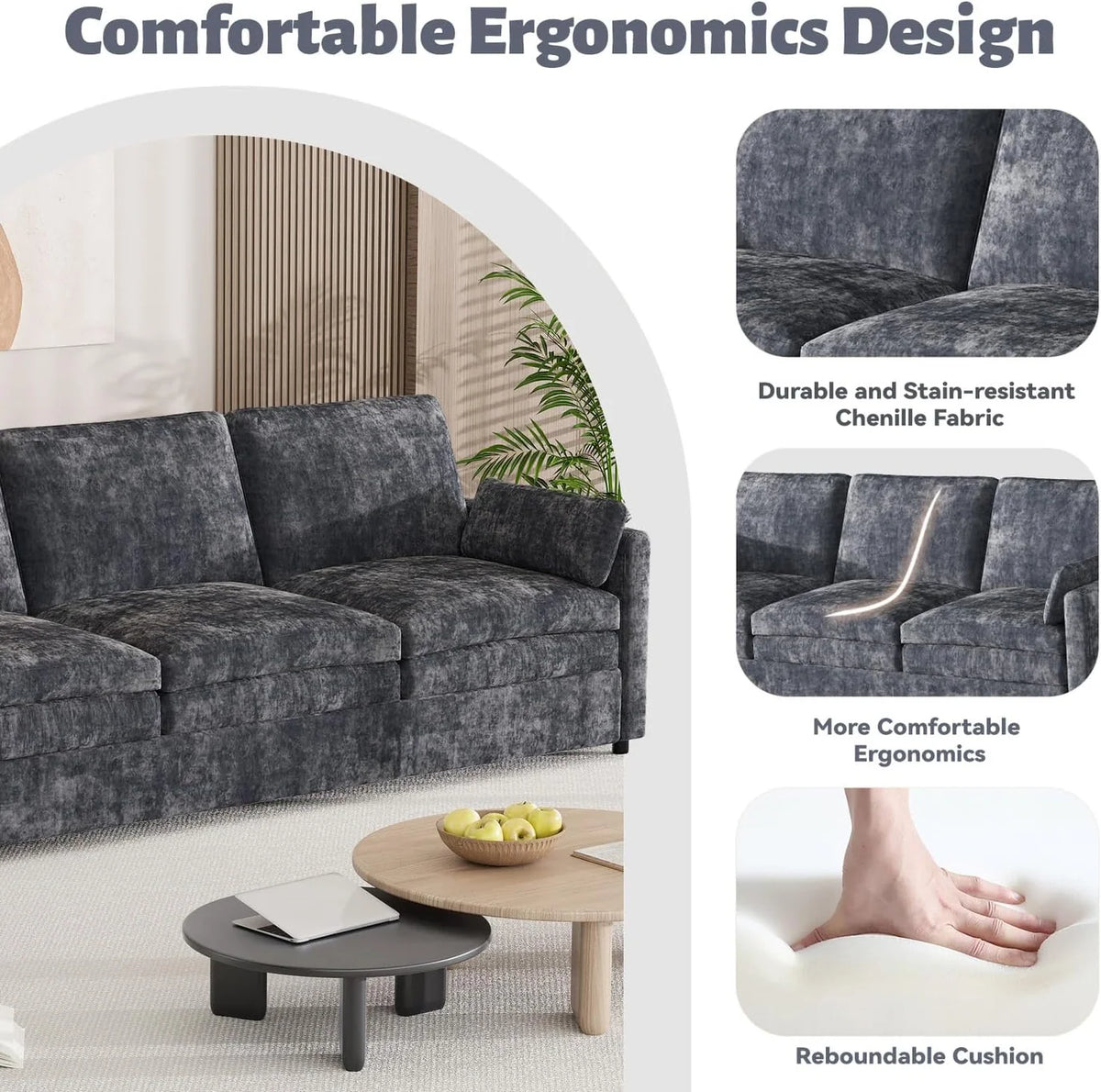89-Inch Modern Chenille Sofa with 2 Removable Pillows, Deep Seat Cushions, Black