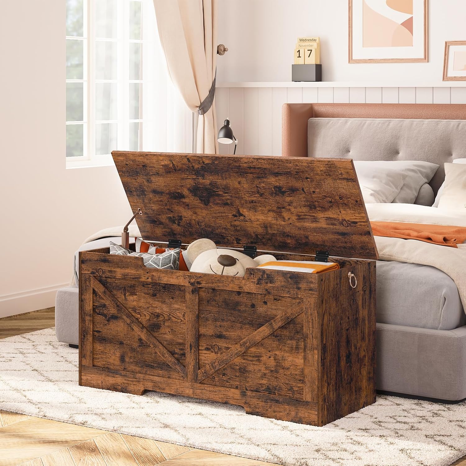 HOOBRO Storage Chest 100 cm Toy Box Organizer, Wooden Storage Bench with Safety Hinge, Rustic Brown BF771CW01G1