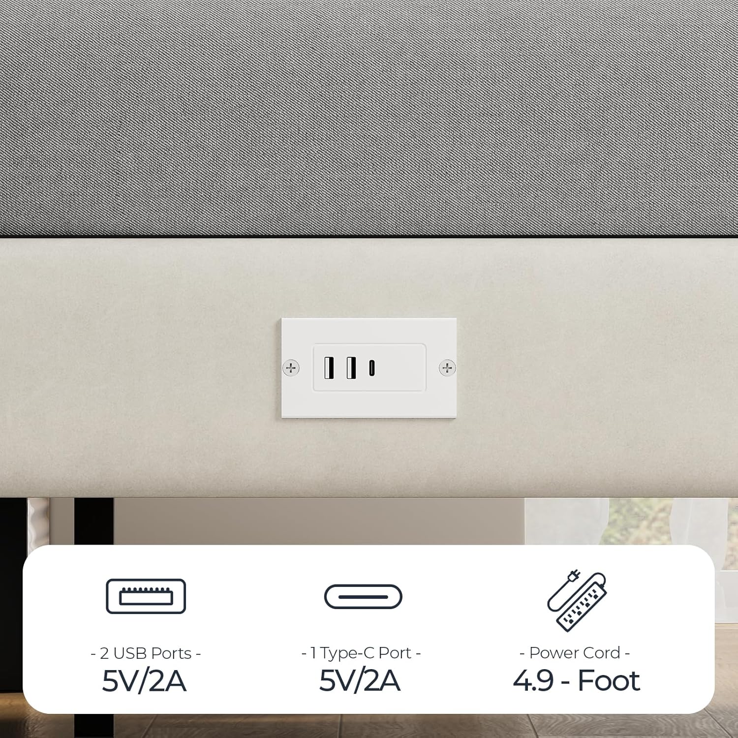 HOOBRO Queen Bed Frame with LED Lights, Charging Station & 2 Storage Drawers, Upholstered Platform Bed, Cream White