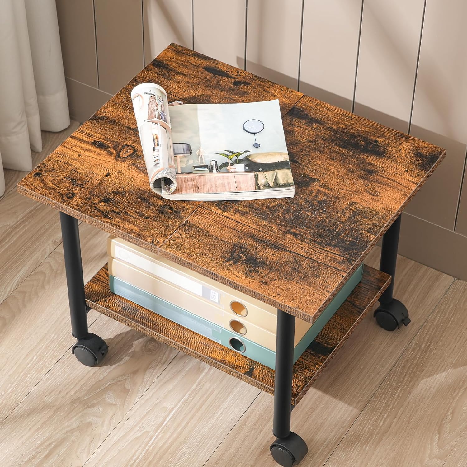 HOOBRO 2-Tier Printer Stand with Storage Shelves and Lockable Wheels, Rustic Brown + Black