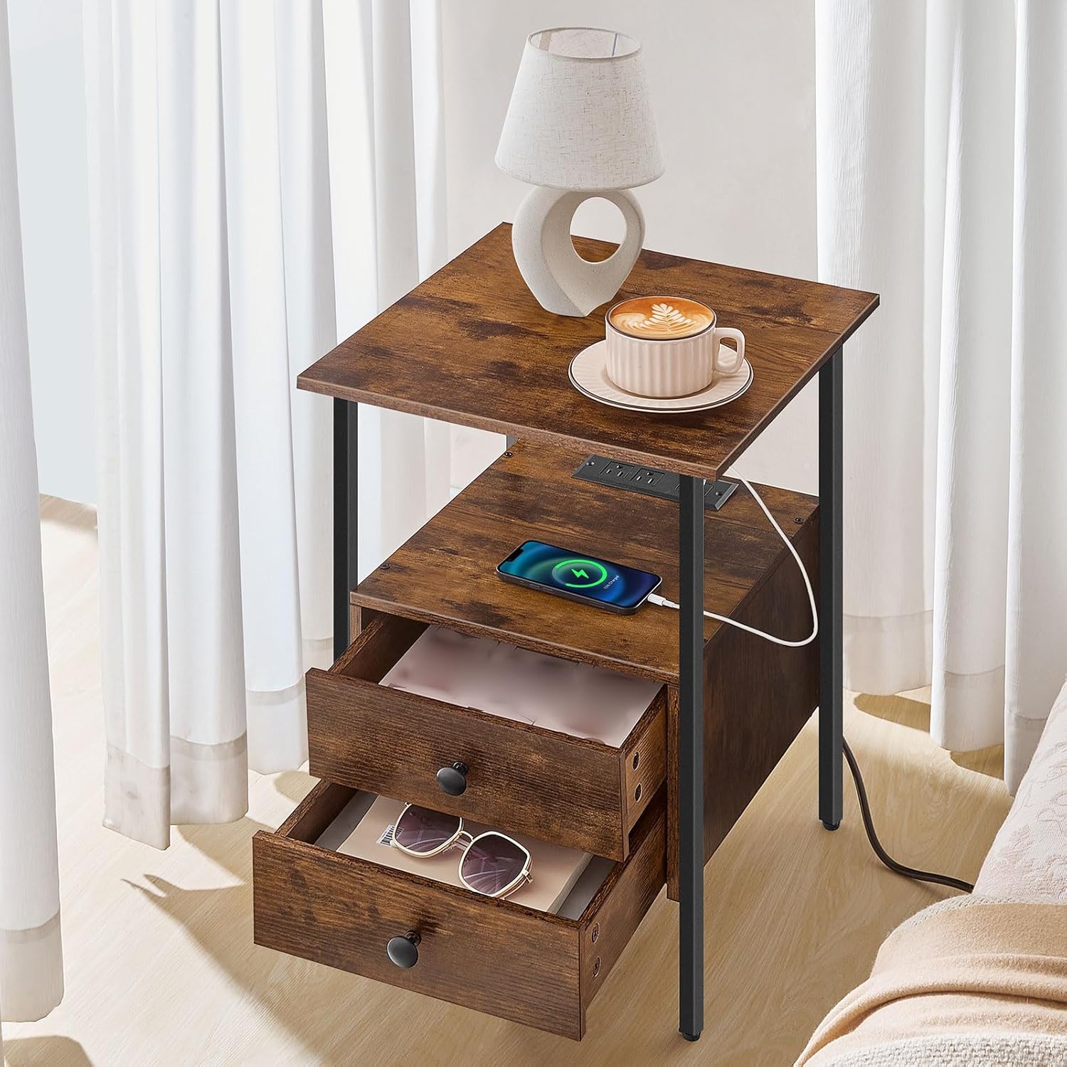 HOOBRO End Table with Charging Station, Nightstand with 2 Drawers, USB Ports & Power Outlets, Bedside Table for Bedroom & Living Room, Rustic Brown BF43UBZ01