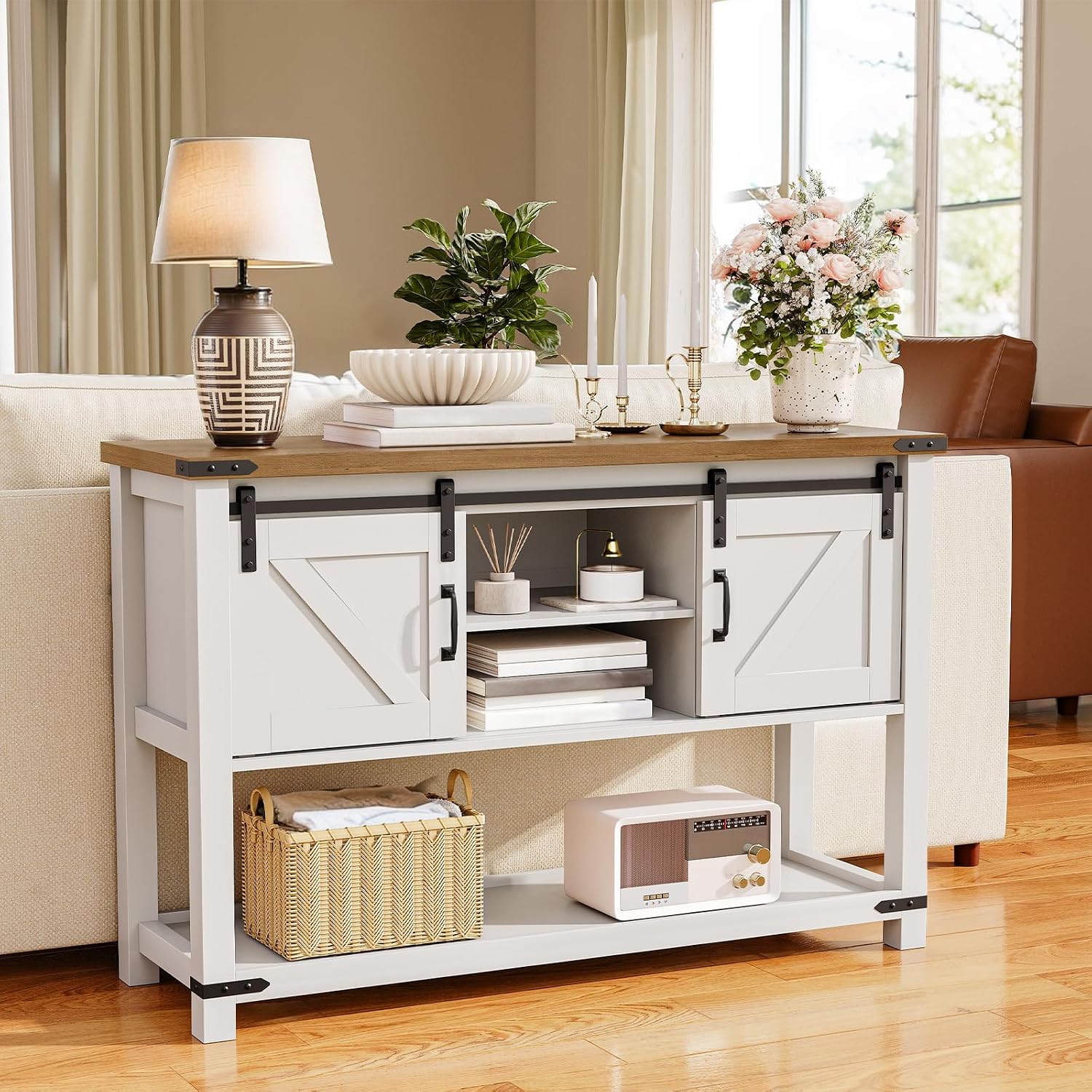 HOOBRO 39.4" Farmhouse Console Table with Sliding Barn Doors, Storage Cabinets & Open Shelf, White & Walnut