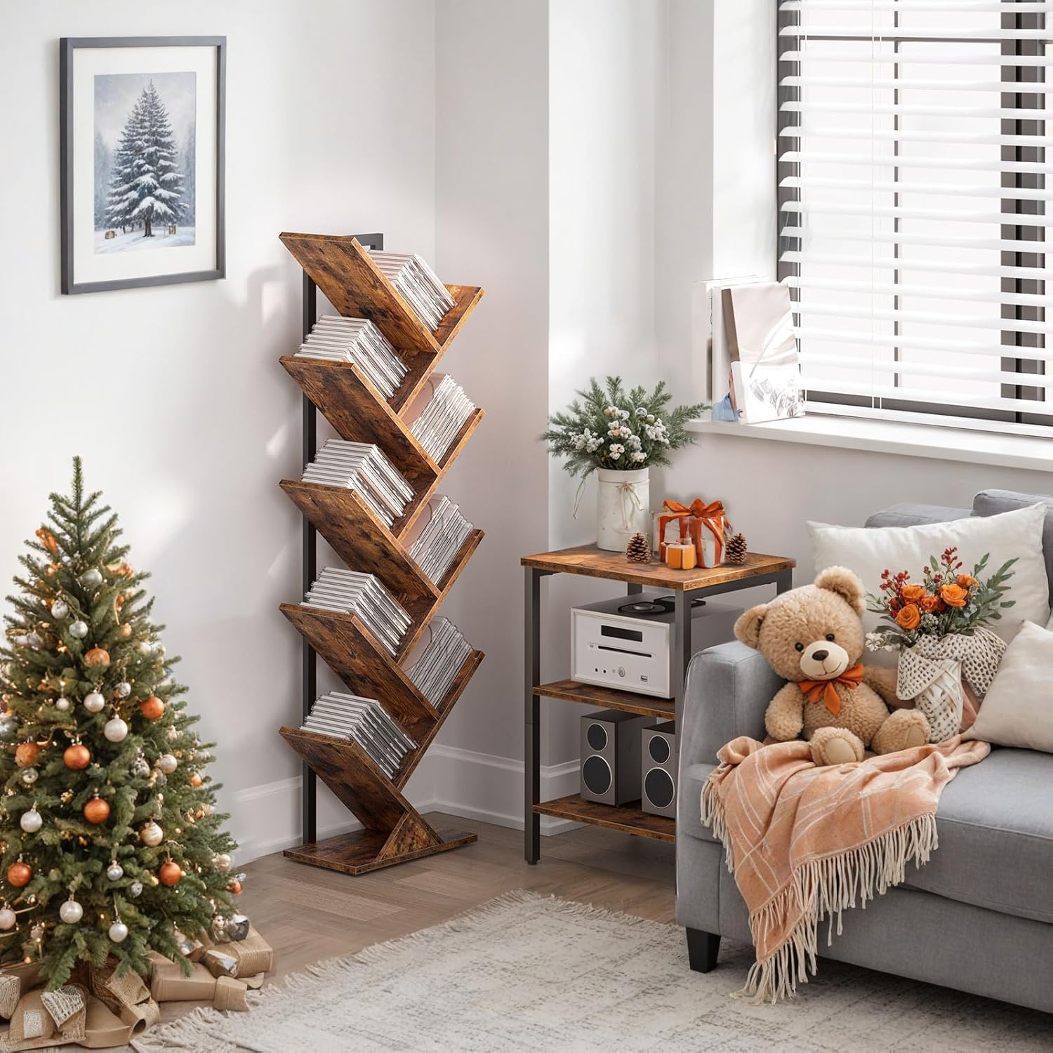 HOOBRO 9-Tier Tree Bookshelf, Freestanding Wooden Bookcase Storage Rack, Rustic Brown BF08SJ01G1