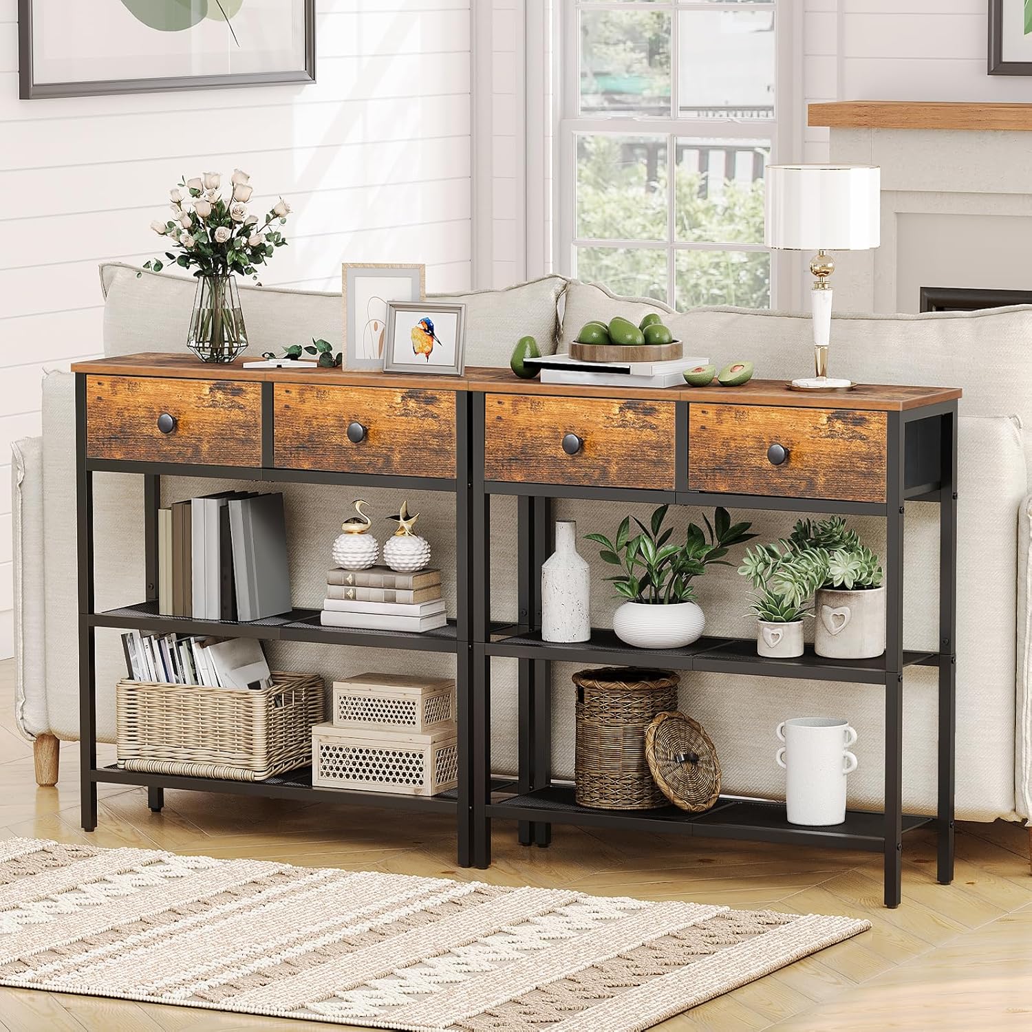HOOBRO 75 cm Narrow Console Table with 2 Fabric Drawers, 3-Tier Entryway Storage Table, Rustic Brown & Black