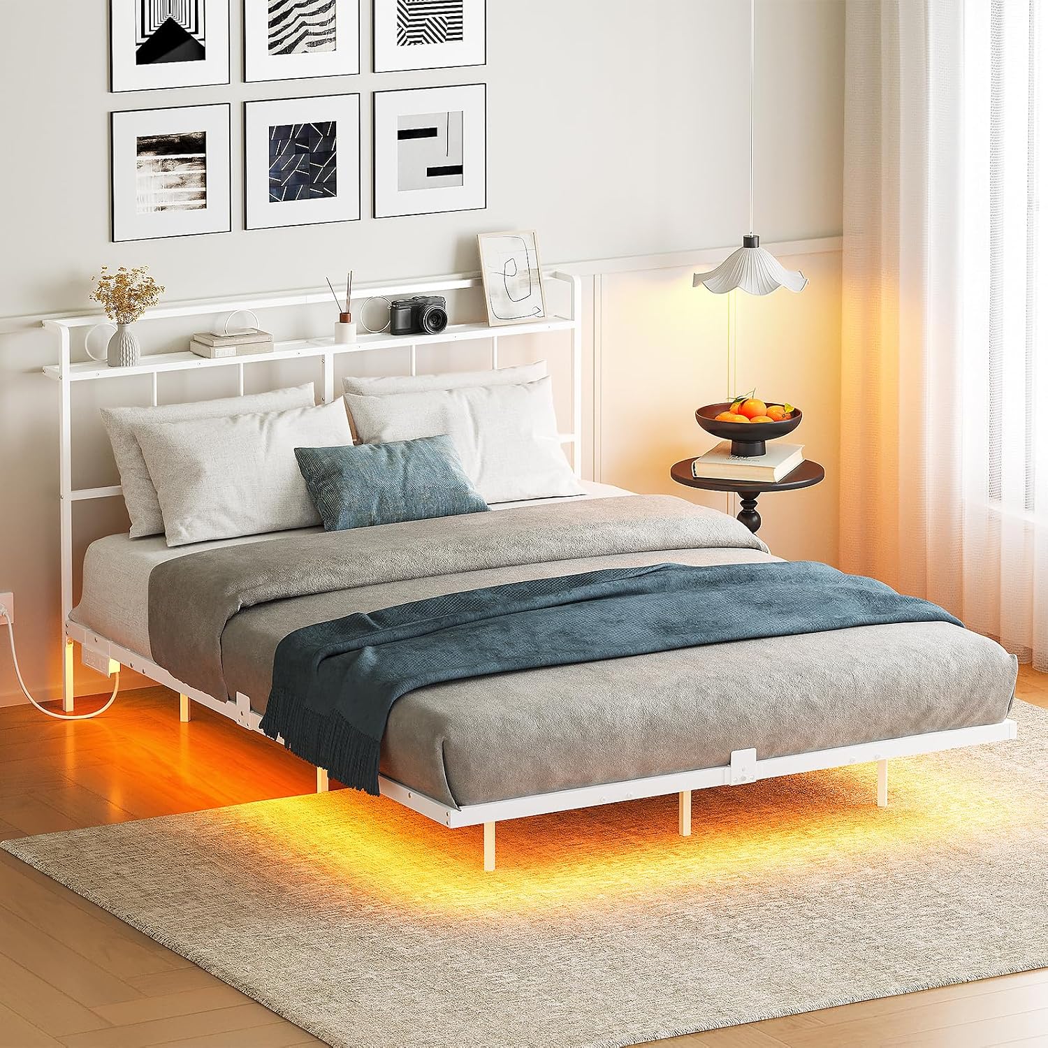 HOOBRO Full Size Floating Bed Frame with Charging Station, LED Light Strip & Headboard, White