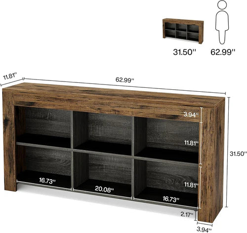 Console Table 63" Narrow Sofa Table Entryway Table with 6 Storage Cubes and Display Shelves Rustic Brown