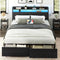 HOOBRO Queen Size LED Bed Frame with Charging Station, Storage Headboard & 2 Drawers, Black