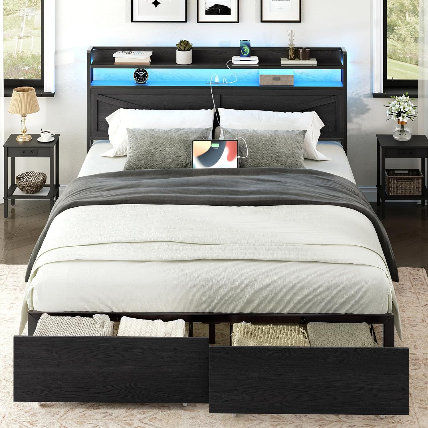 HOOBRO Queen Size LED Bed Frame with Charging Station, Storage Headboard & 2 Drawers, Black