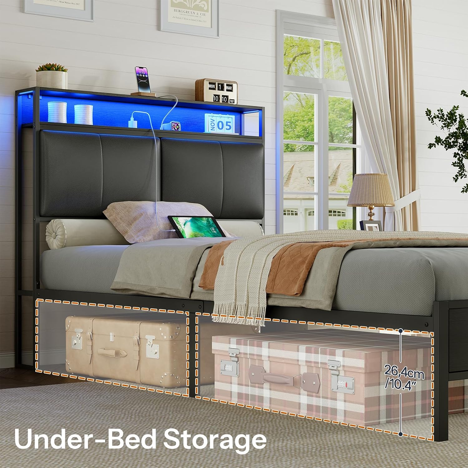 HOOBRO Twin Bed Frame with Storage Headboard, Charging Station & 16-Color LED Lights, Black