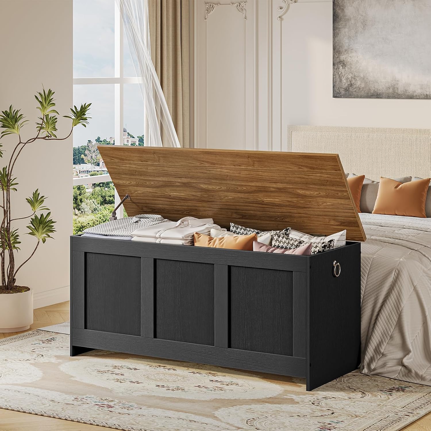 HOOBRO 100cm Storage Bench with Lift Top, Wooden Storage Chest & Toy Box, Entryway Organizer, Black & Walnut