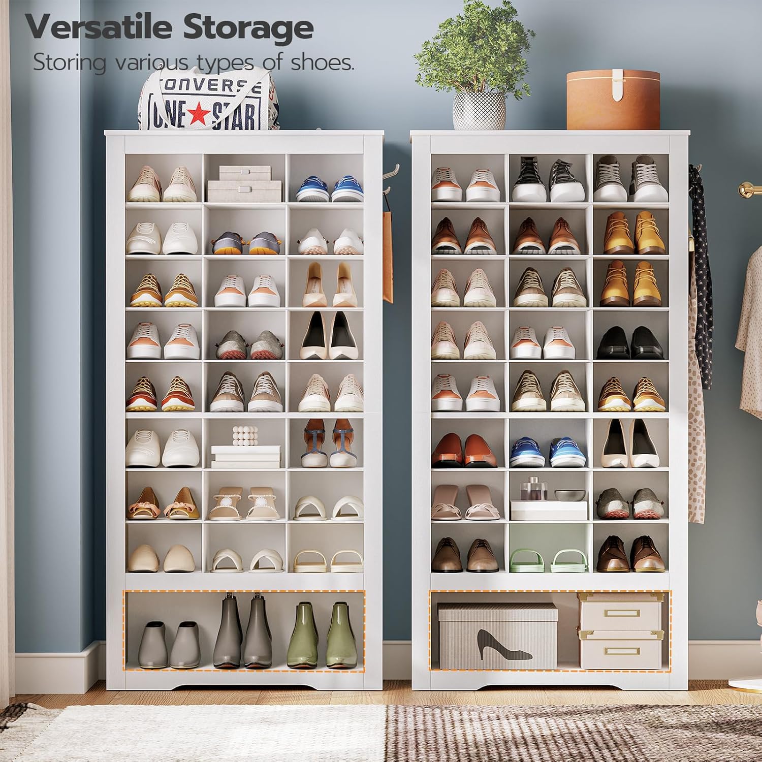 HOOBRO 9-Tier Tall Shoe Cabinet with 24 Cubbies & 3 Hooks, Freestanding Shoe Storage Organizer, White WT24SC01