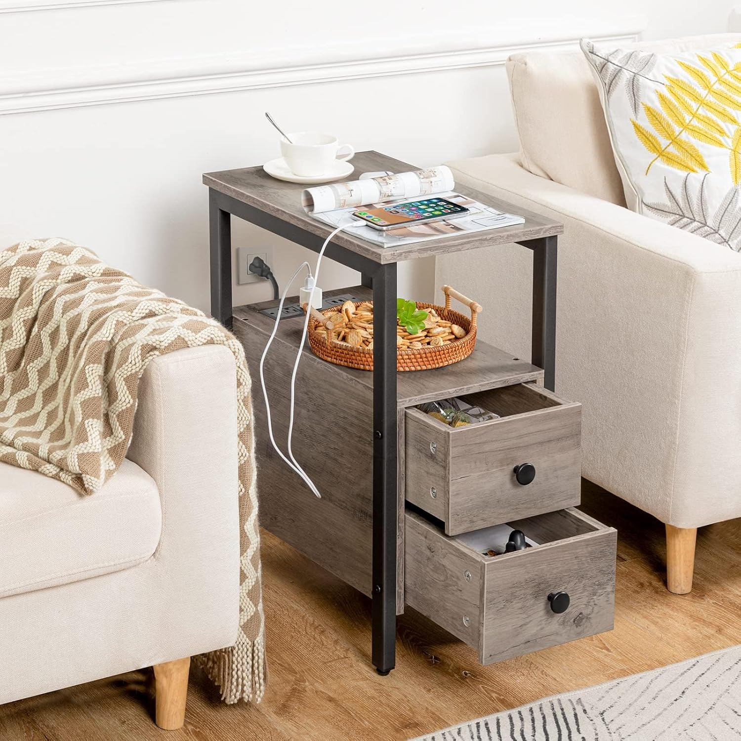 HOOBRO End Table with Charging Station, Narrow Side Table with 2 Drawers, USB & Type-C Ports, Greige & Black BG541BZ01