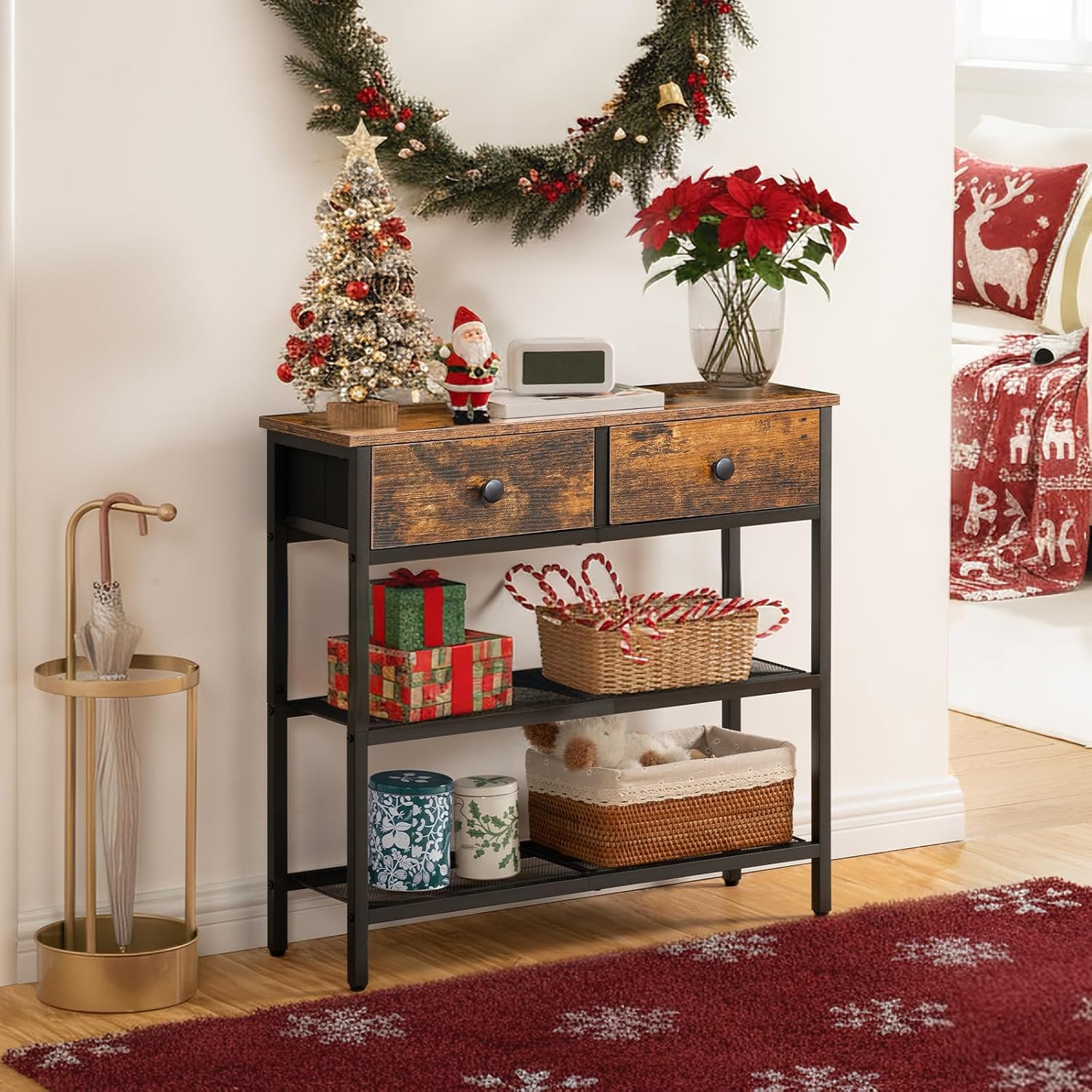 HOOBRO 75 cm Narrow Console Table with 2 Fabric Drawers, 3-Tier Entryway Storage Table, Rustic Brown & Black